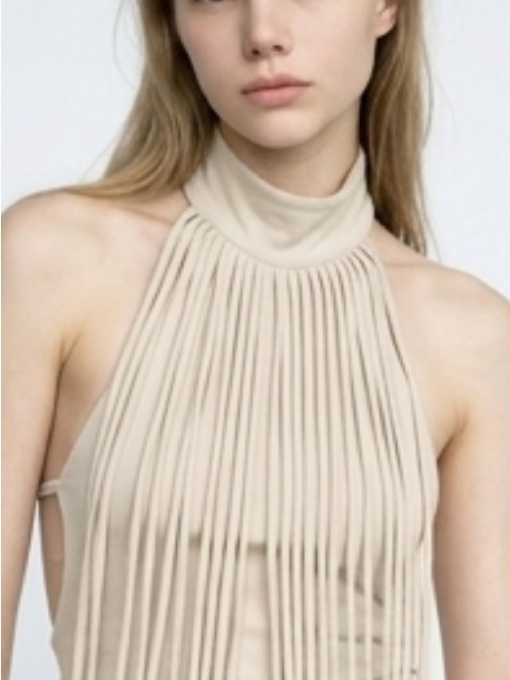 Ghost boy Sleeveless High-Neck Fringe Camisole in Beige